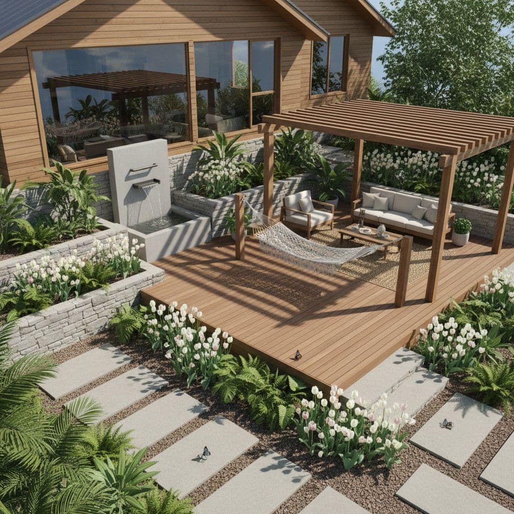 Backyard concept rendering with a wood deck, pergola, hammock, raised planters and white flowering beds