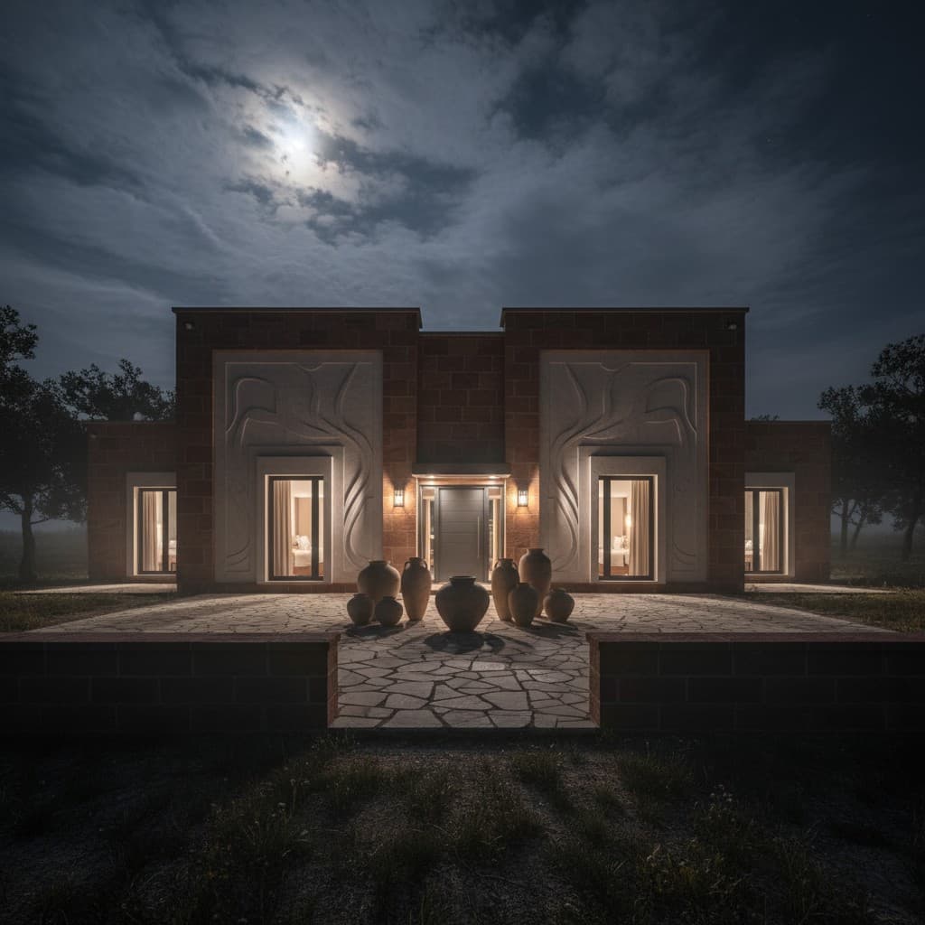 Renderspace exterior concept of a brick house entry at night.