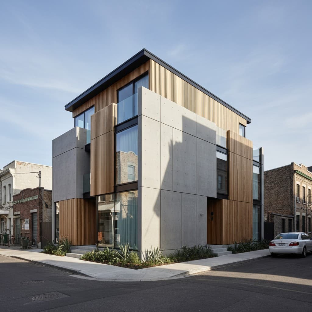 Concept rendering of a three-story corner house with wood and concrete panel cladding and street planting