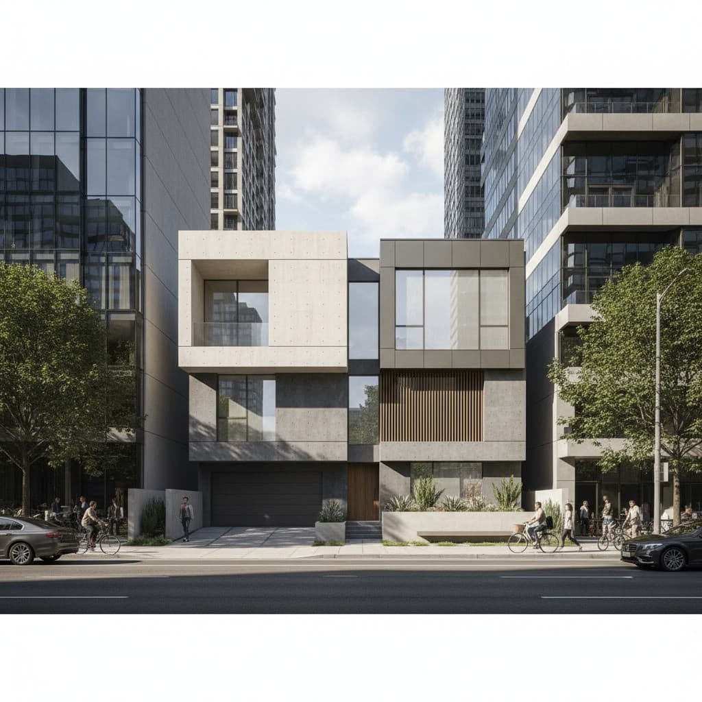 Concept rendering of a modern infill townhouse with stone and wood cladding between city high-rises