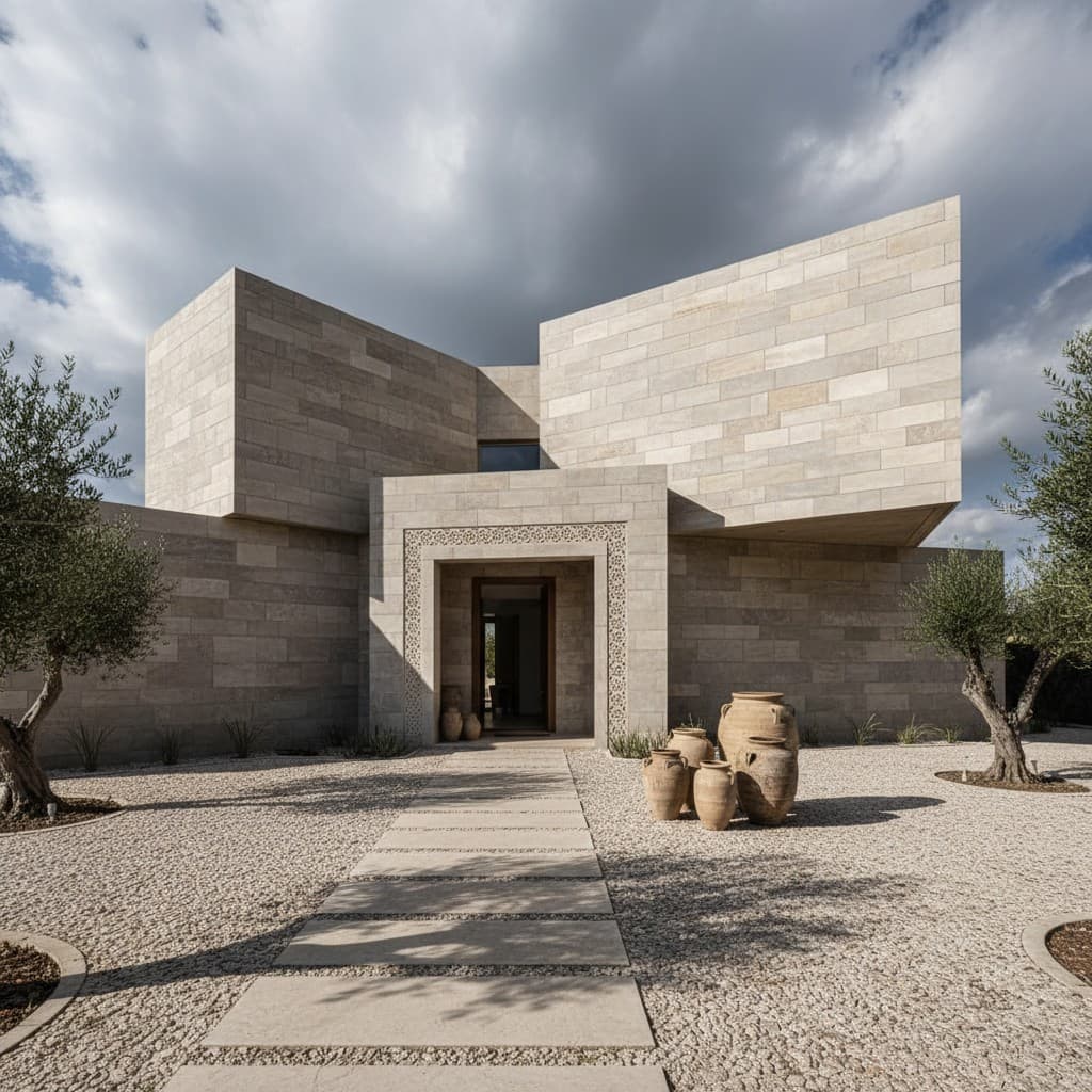 Concept rendering of a modern limestone house with olive trees, terracotta urns and a gravel front courtyard