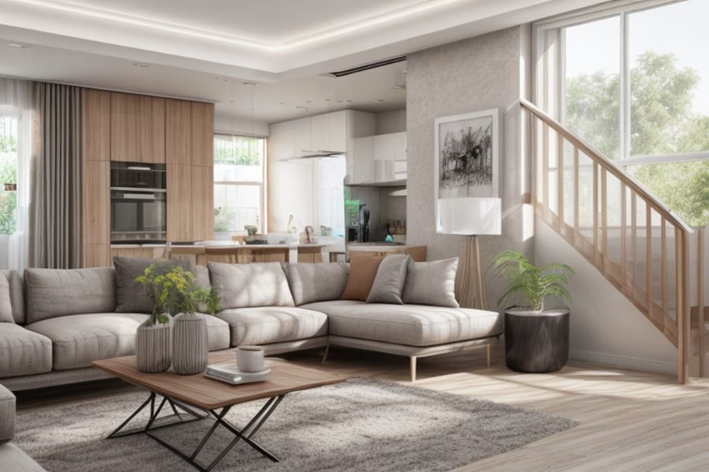 Interior concept rendering of an open-plan living room with a gray sectional, oak staircase and modern kitchen
