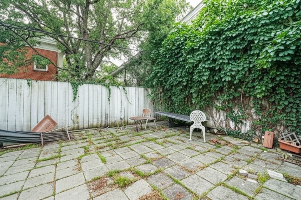 Existing patio before a design concept, used as an example of a job-site reference.
