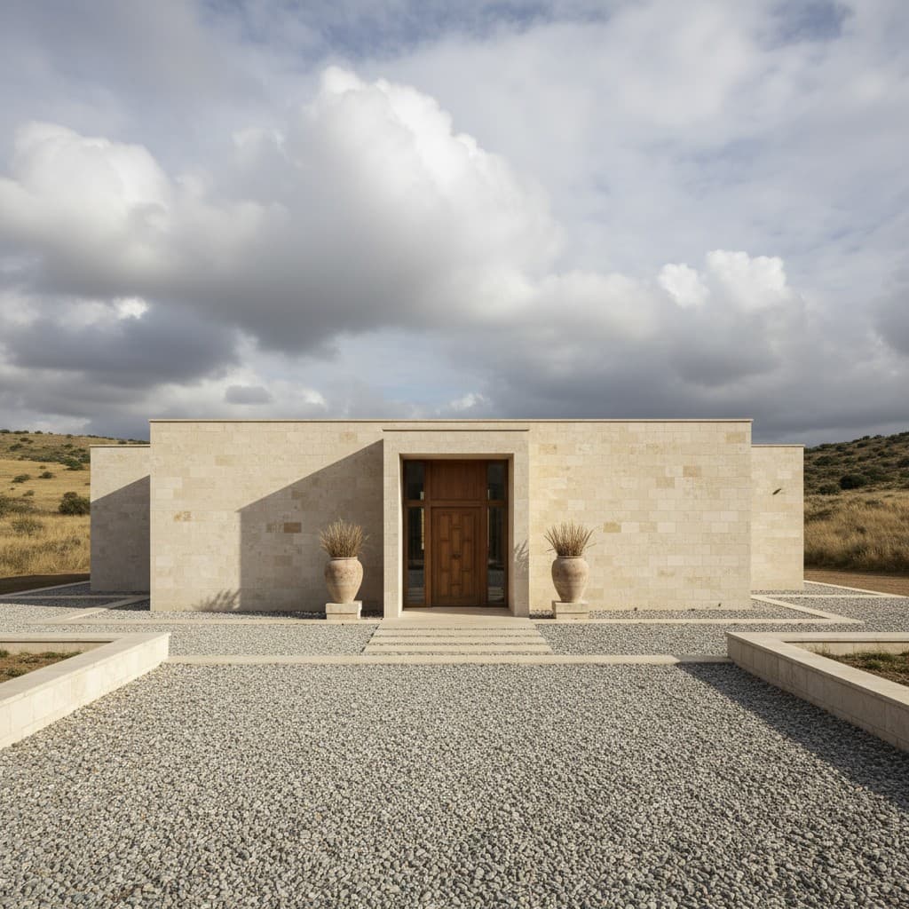 Concept rendering of a single-story limestone house with a wood front door and a gravel forecourt