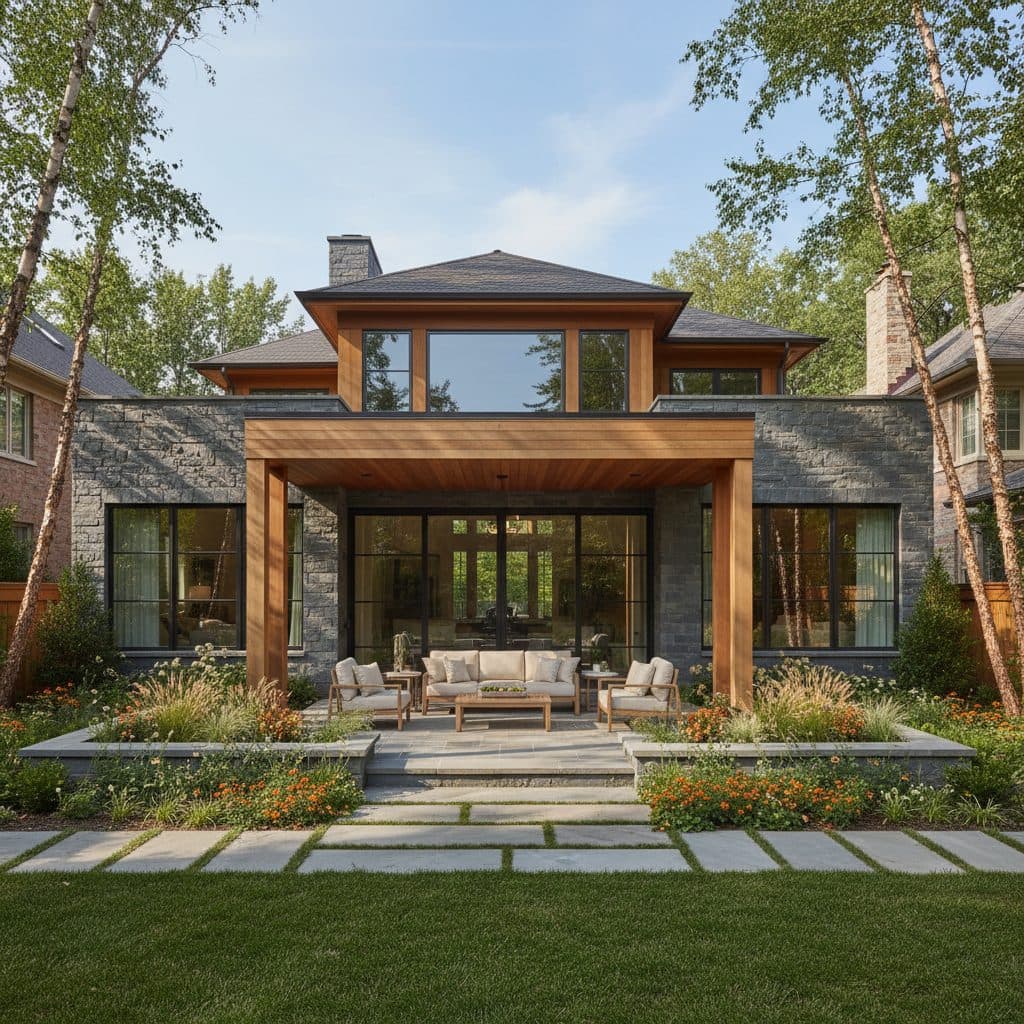 AI rendering of a covered patio with outdoor seating and a stepping-stone path