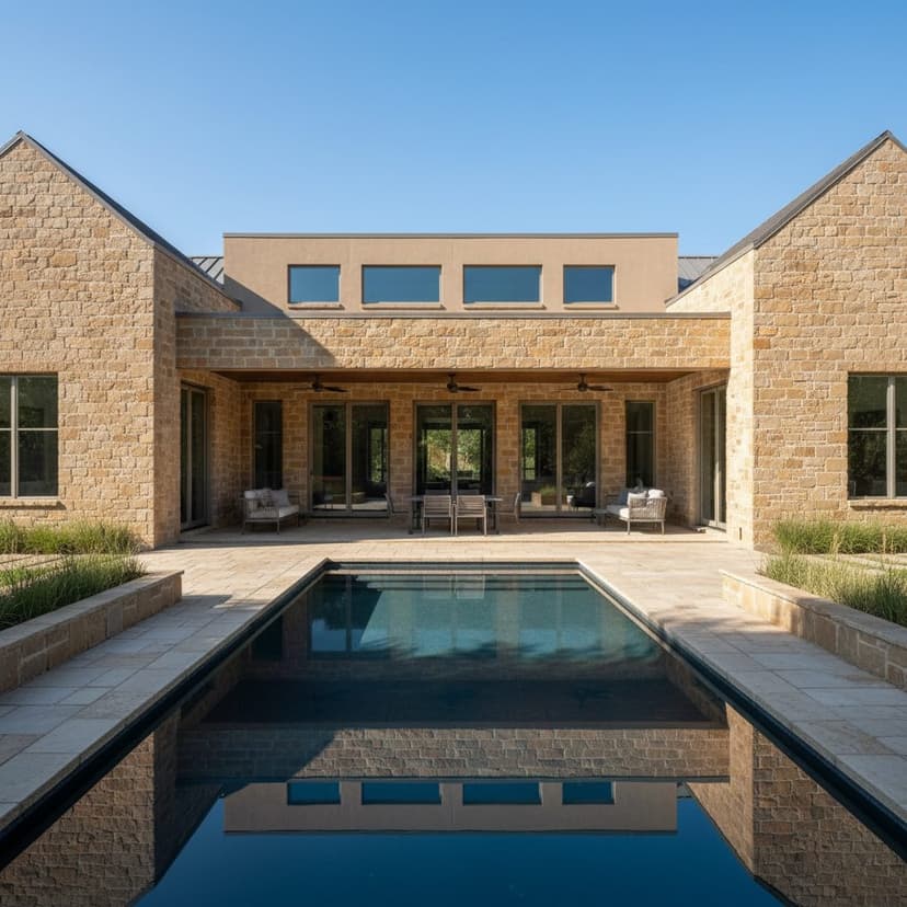 AI rendering of a limestone home with a lap pool and stone pool deck, generated in Renderspace