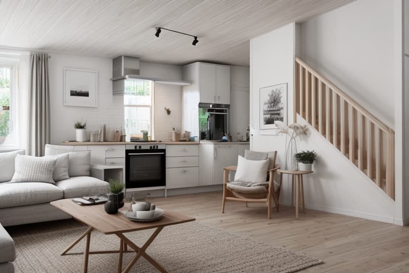 AI interior rendering of a bright open-plan living room and kitchen