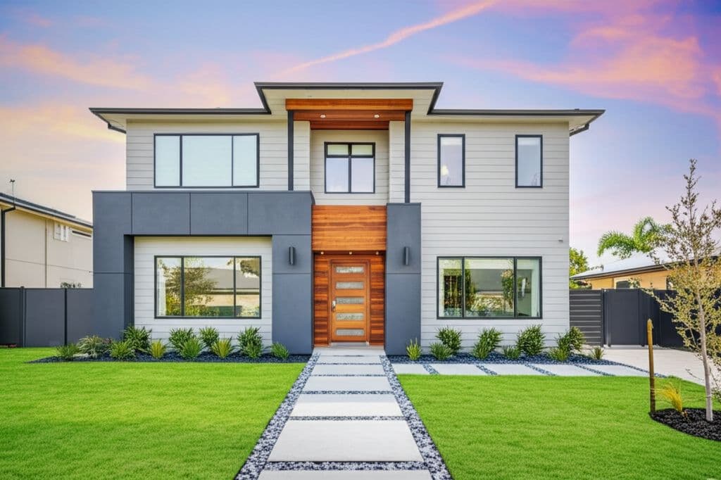 Two-story modern home concept with gray and white siding, a wood-clad entry, a new lawn and a concrete paver walkway