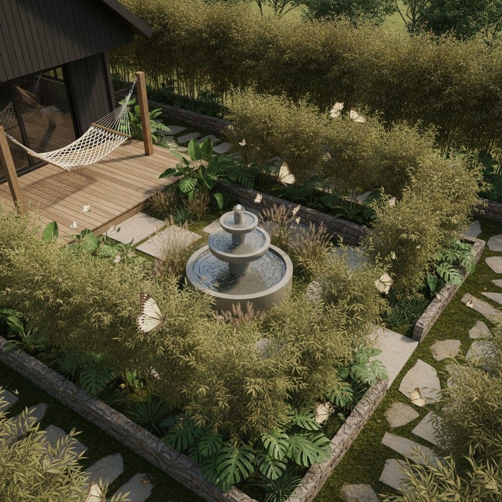 Garden concept with a tiered stone fountain, a wood deck with a hammock, ornamental grasses and a stepping-stone path