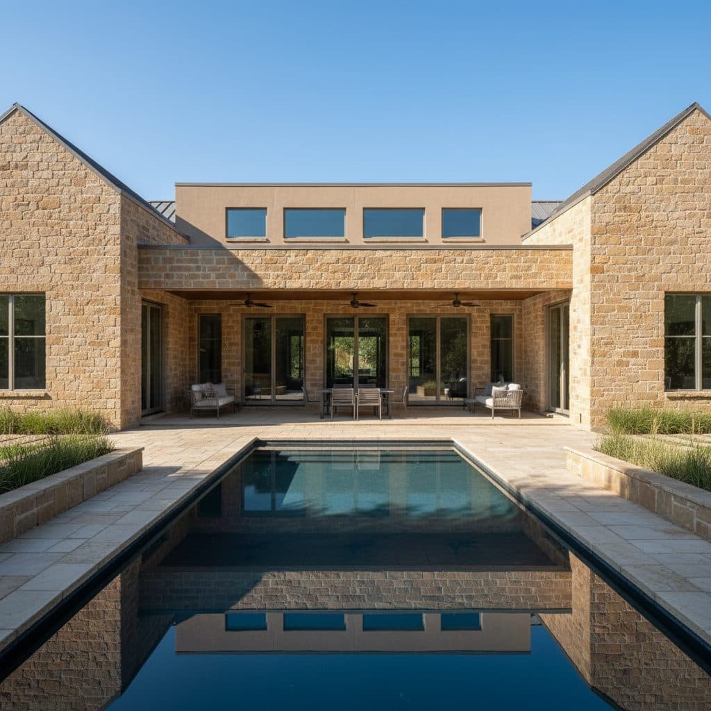 Concept rendering of a stone house with a long rectangular pool and a pale stone deck