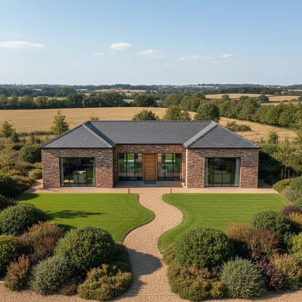 Concept of a single-story brick home with a curving gravel path, a new lawn and mixed shrub borders