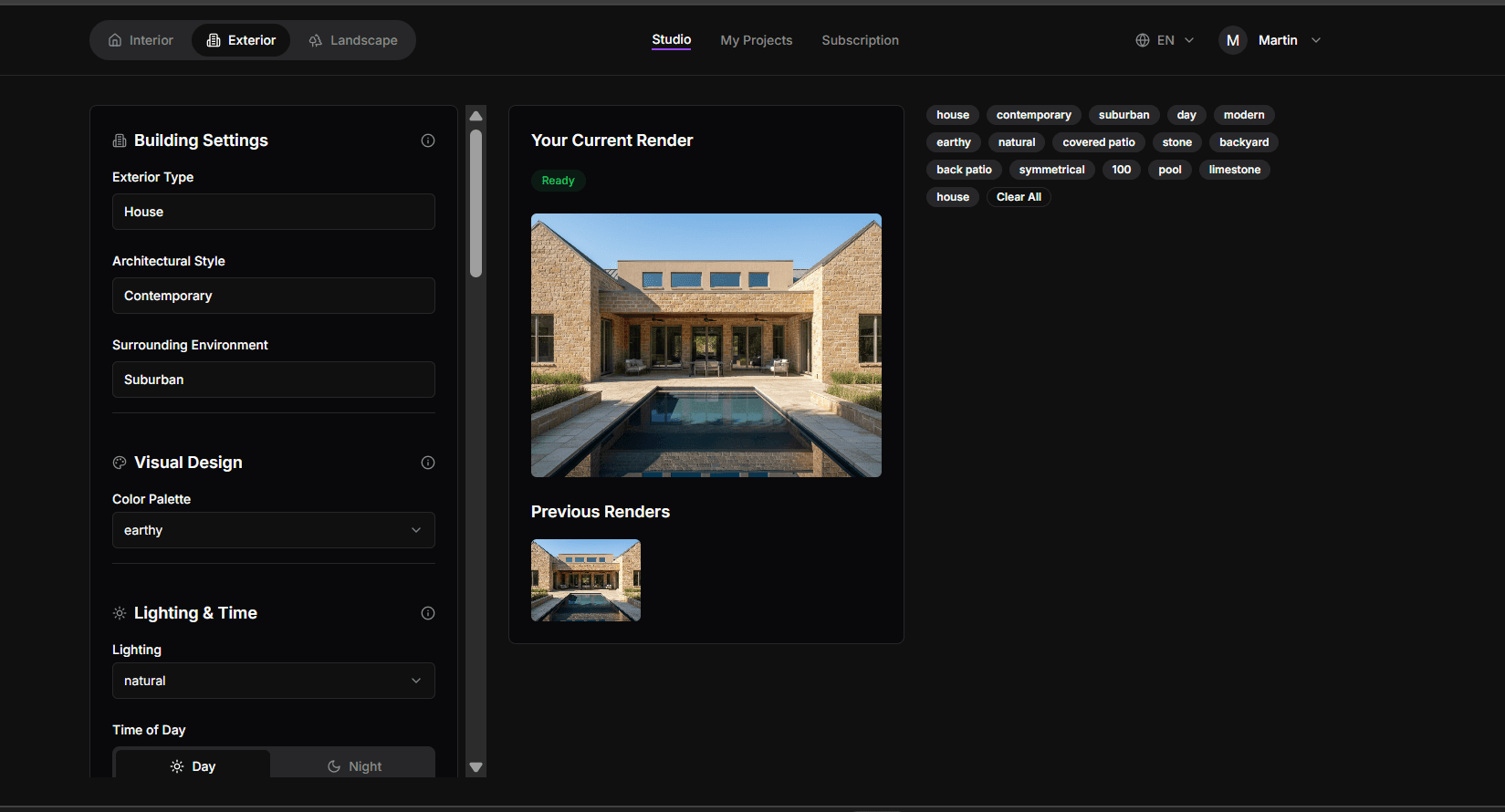 Renderspace studio interface for contractor concept generation
