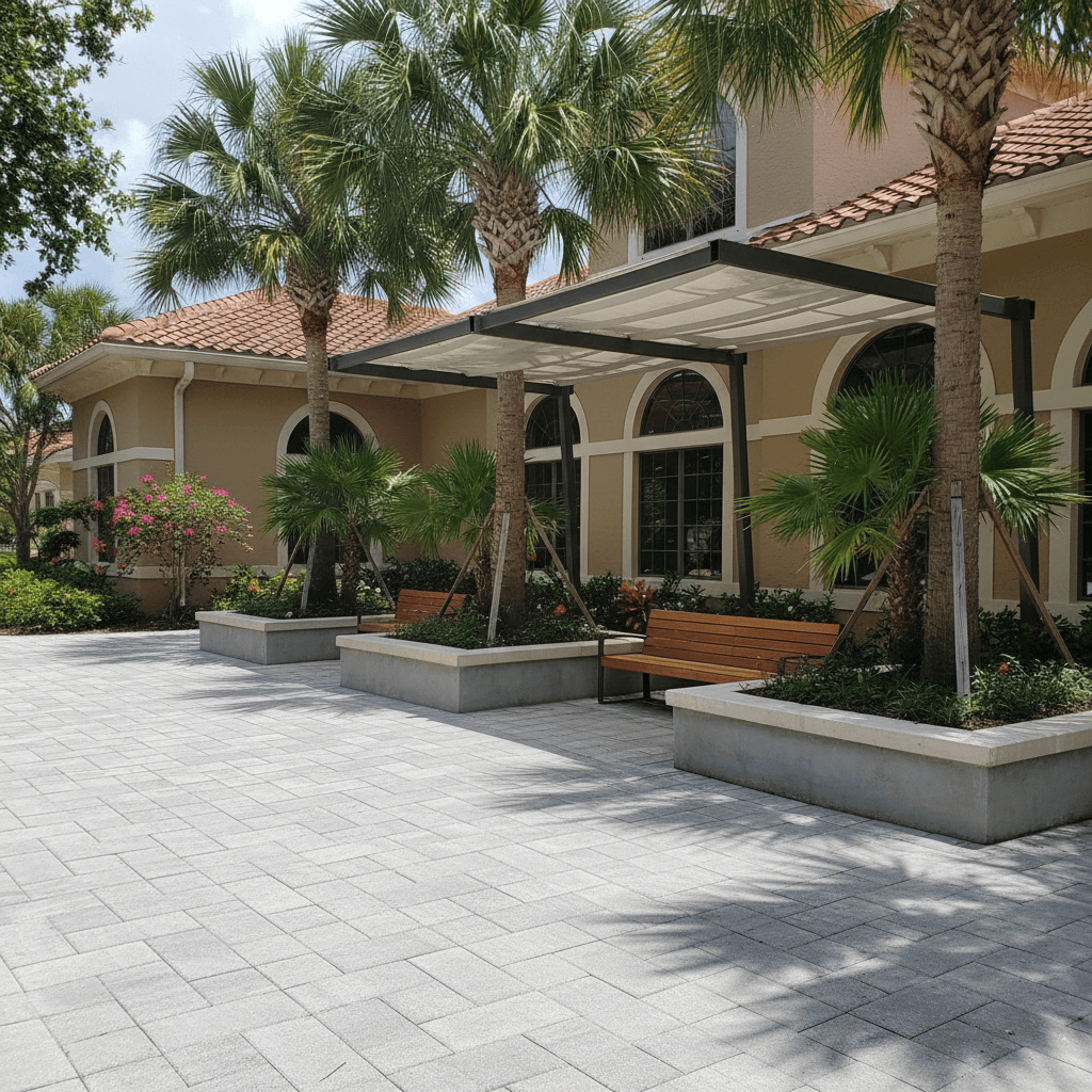 A commercial courtyard featuring light gray pavers, a building with arched windows, palm trees, and a modern pergola.