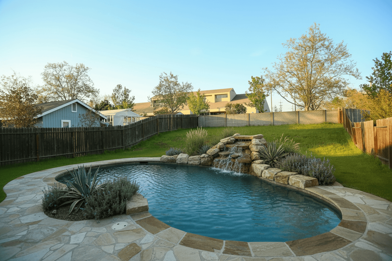 A freeform swimming pool with a natural stone waterfall, surrounded by flagstone paving and lush green landscaping.