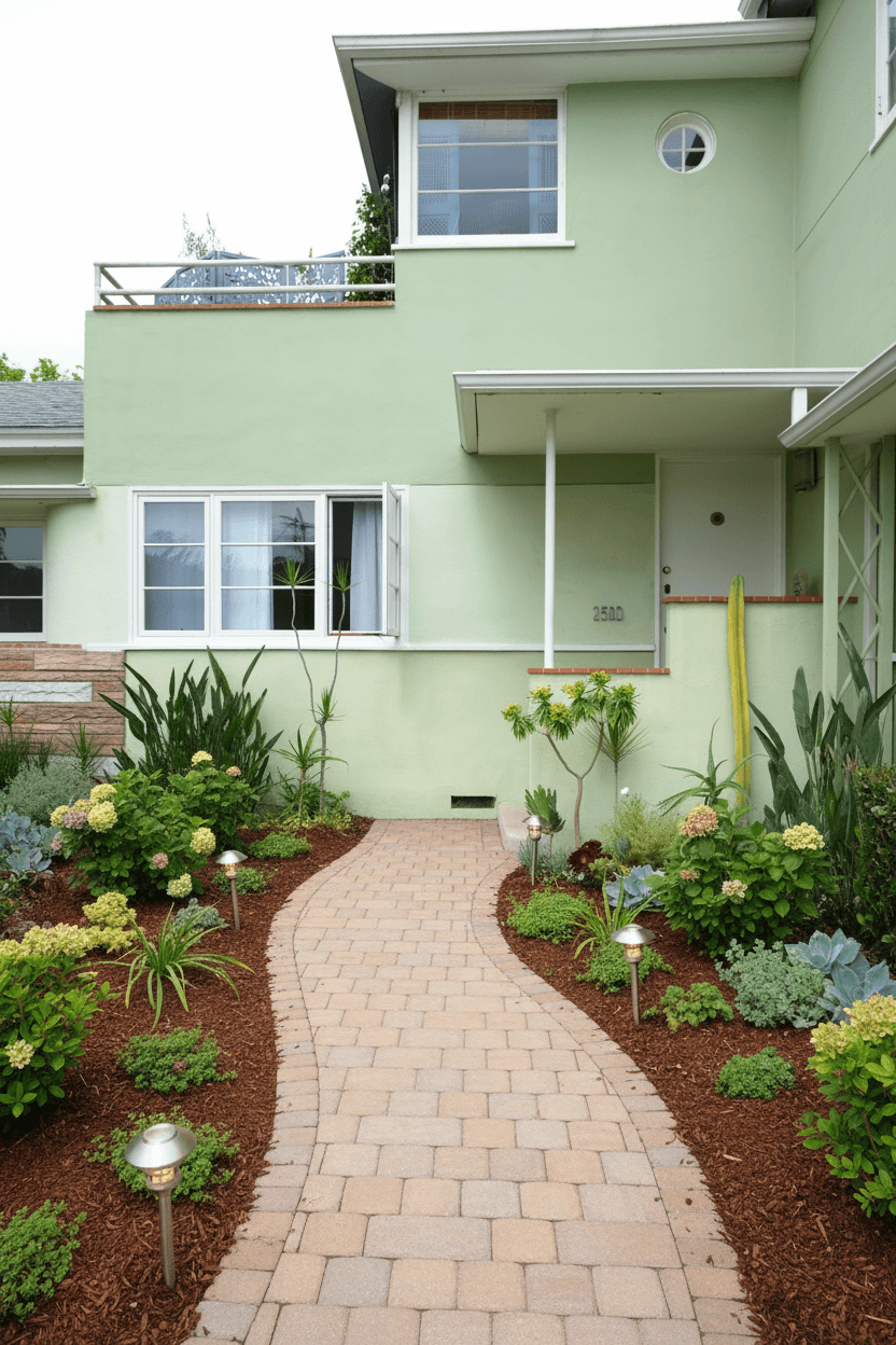 Light green house with a curved paver walkway leading to the front door, surrounded by desert-adapted plants and mulch.