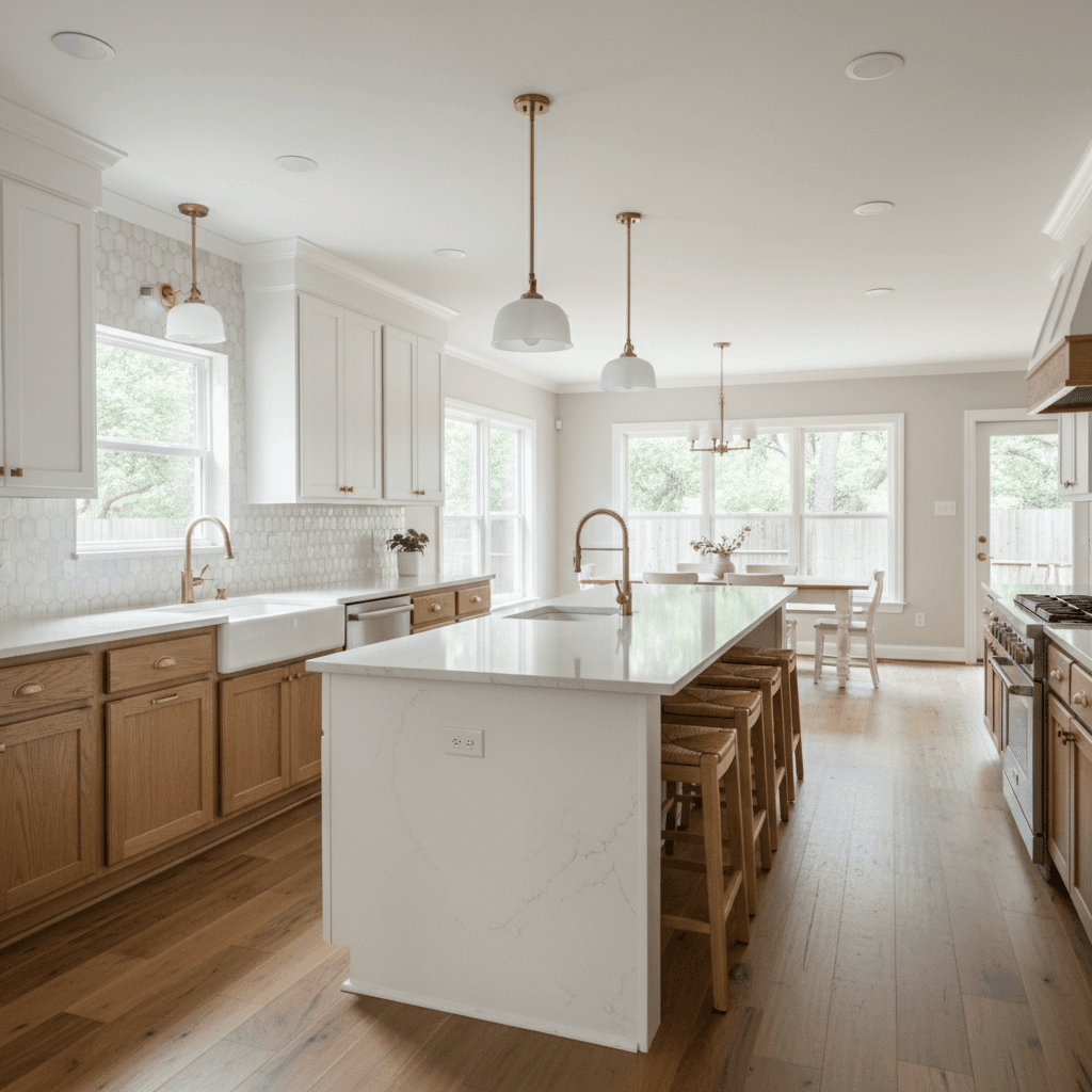 A bright, open-concept kitchen featuring white upper cabinets, natural wood lower cabinets, and a large white island.