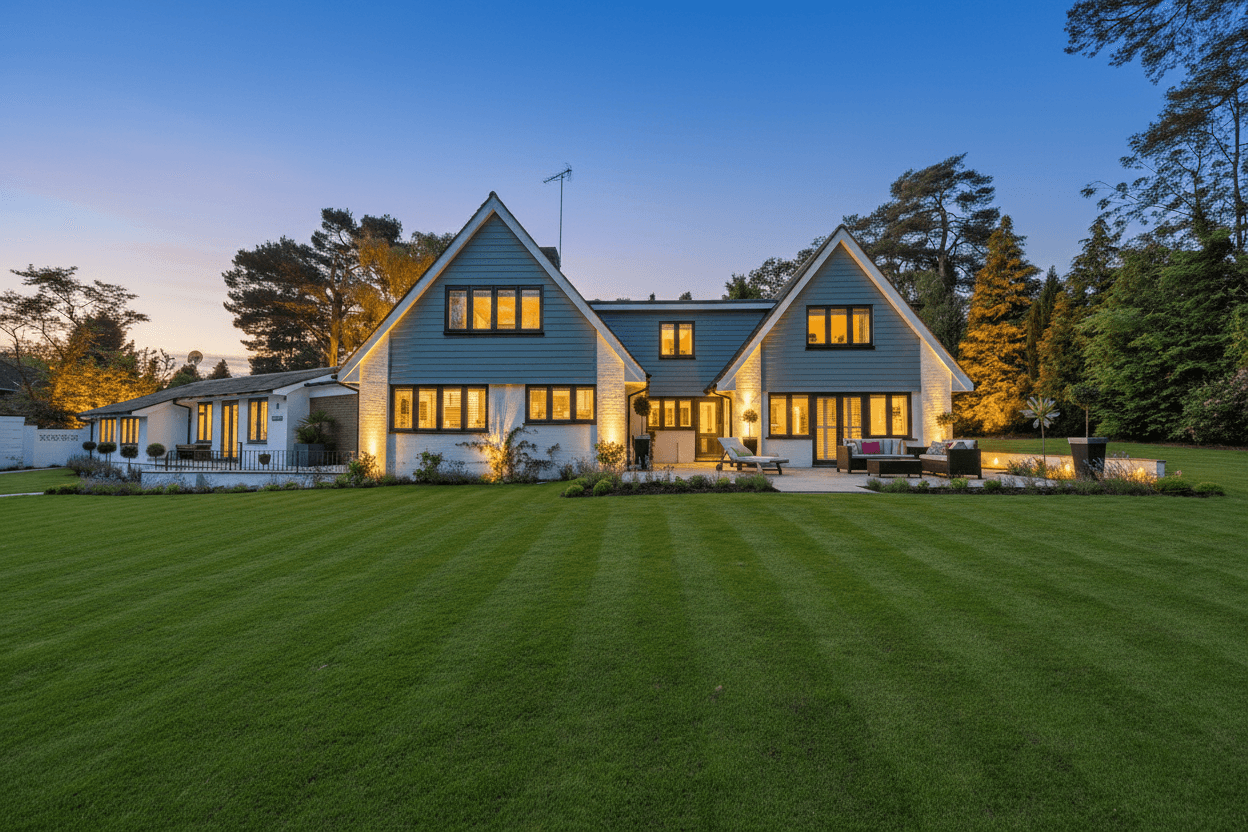 A large modern farmhouse with blue siding and white brick, illuminated by landscape lighting at dusk, with a vast green lawn.