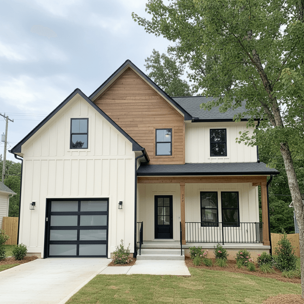 A modern farmhouse style house with white board and batten siding, natural wood accents, black-framed windows, and a front porch.