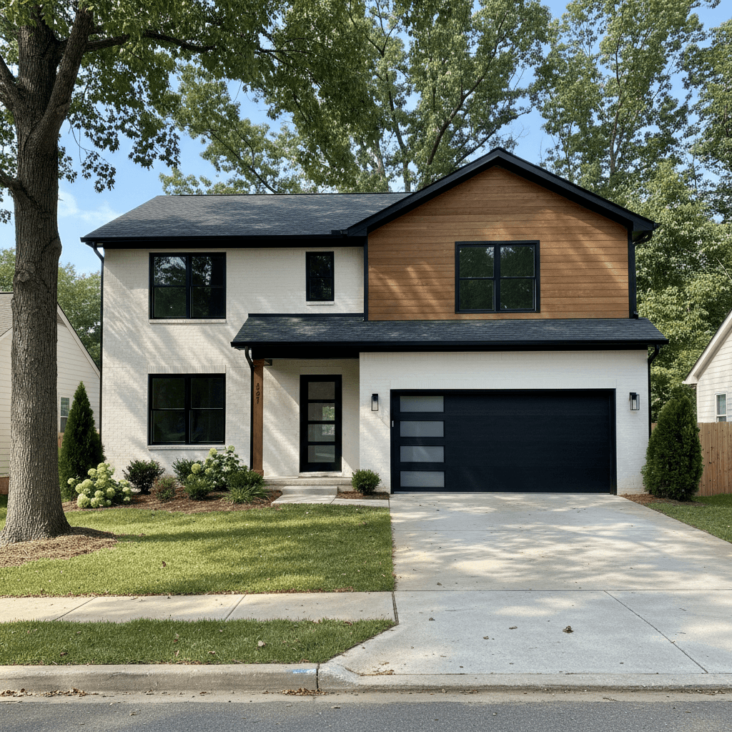 A two-story modern house with white brick and wood siding, black-framed windows, and a black garage door.