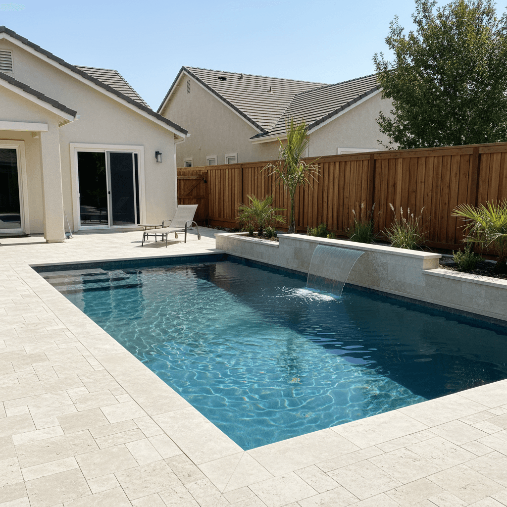 A rectangular swimming pool with light-colored paver patio, a raised planter with a sheer descent waterfall, and a wooden fence.