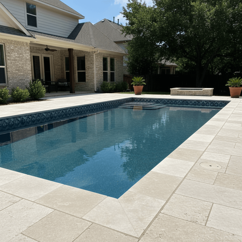 A rectangular pool with dark blue interior and decorative tile border, surrounded by light-colored travertine paving.