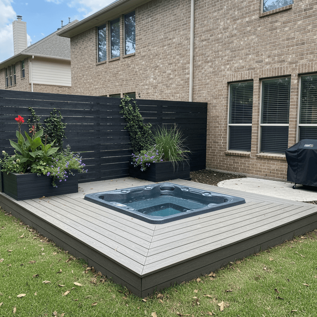 A square hot tub is set into a light gray composite deck. Behind it, a black horizontal slat fence with planters.