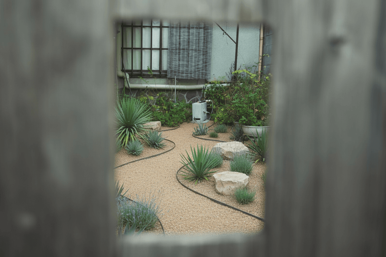 A drought-tolerant garden with gravel paths, various succulents, and large rocks, viewed through a blurry wooden frame.