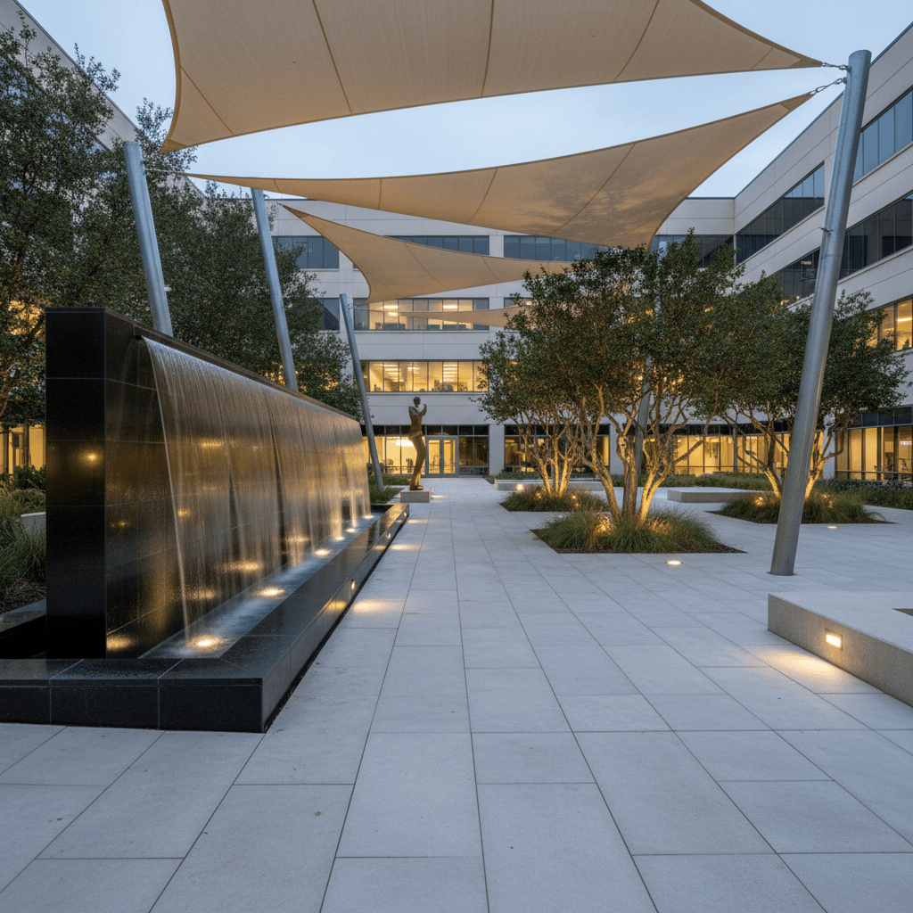 Commercial courtyard with light-gray pavers, sand-colored shade sails, a black granite water wall, and crape myrtles.