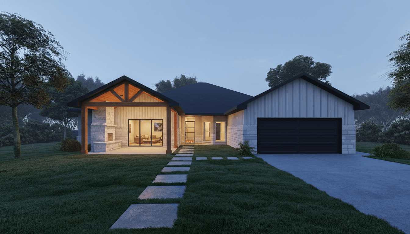 Exterior view of a modern home with a covered patio featuring a cedar ceiling, exposed beams, and a limestone fireplace.