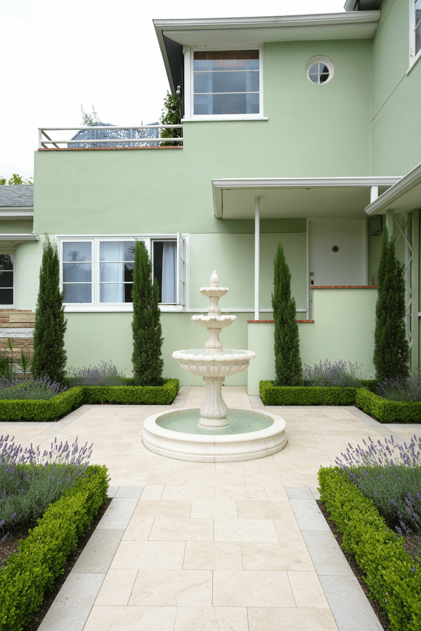 A formal courtyard garden with honed ivory travertine paving, a tiered white marble fountain, boxwood hedges, and lavender.