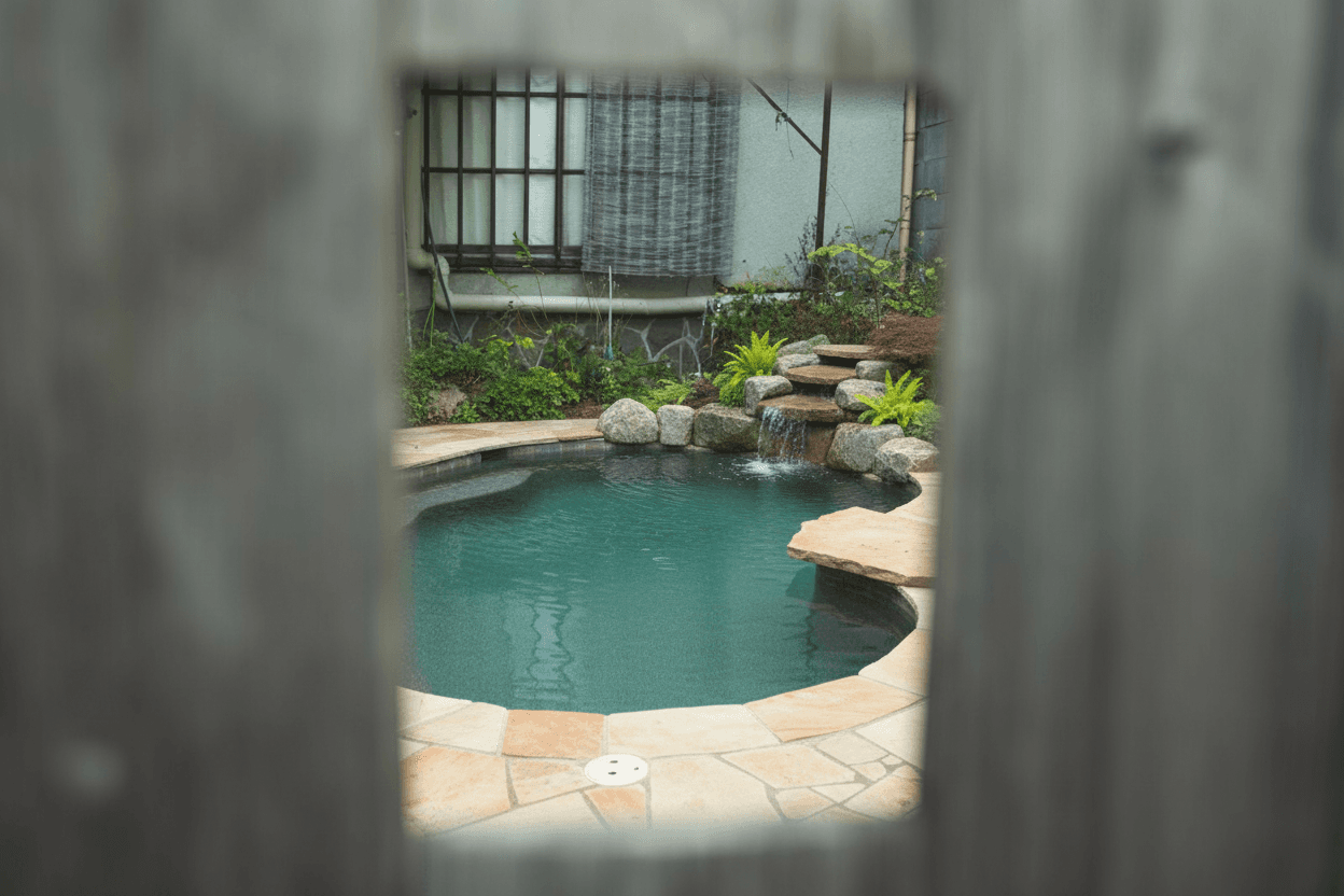 A freeform lagoon pool with Oklahoma-style flagstone coping and patio, an aqua-green pebble interior, and a cascading boulder spillway.