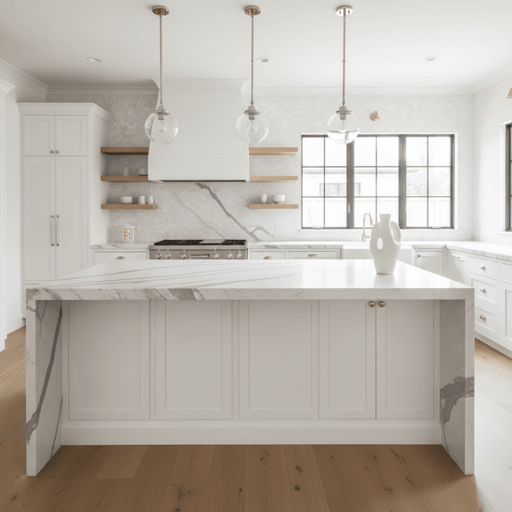 A bright, modern kitchen with white quartzite countertops, white inset cabinets, a smooth plaster range hood, and light wood floors.