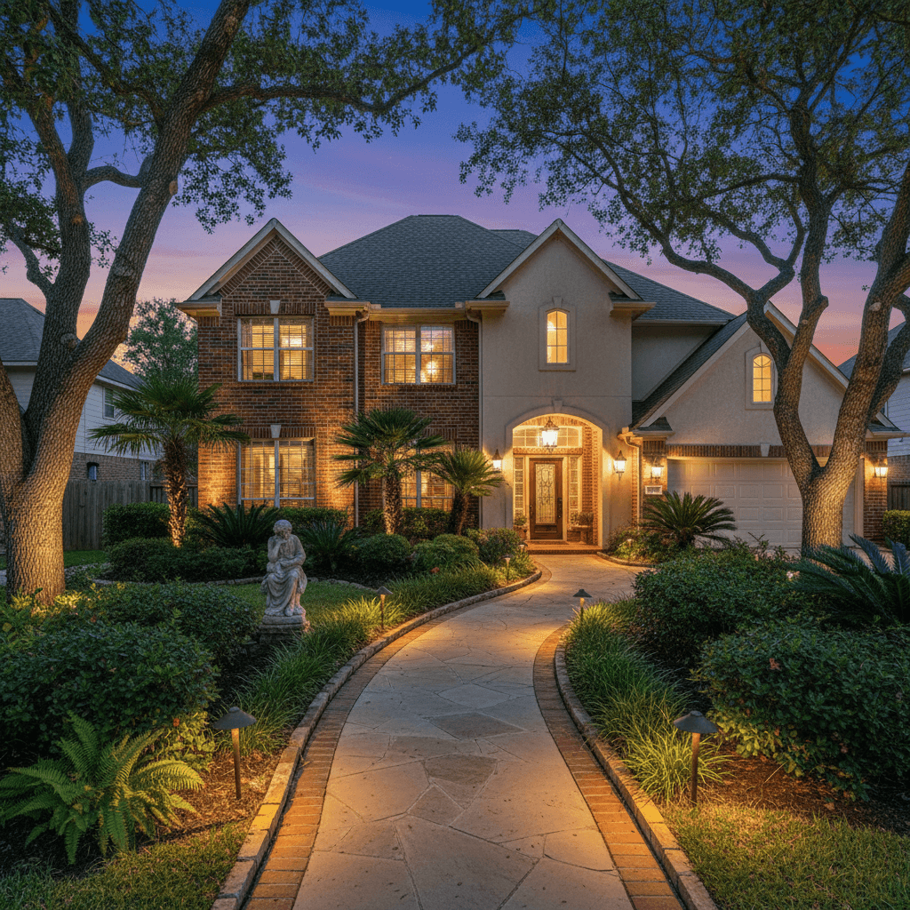 A large brick and stucco house at dusk with a flagstone walkway bordered by brick pavers and illuminated by path lights.