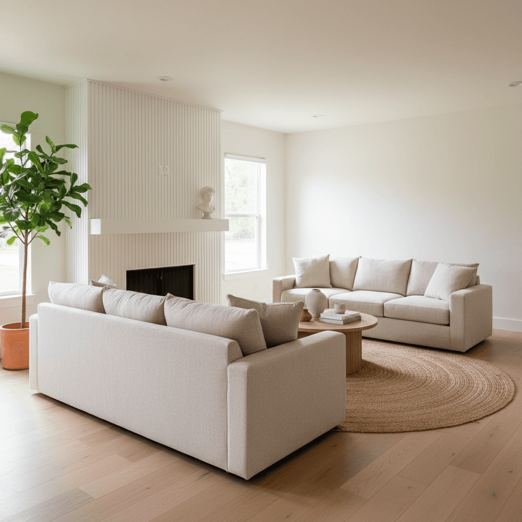 A bright living room with warm white walls, pale oak floors, two oatmeal linen sofas, a jute rug, and a fluted plaster fireplace.