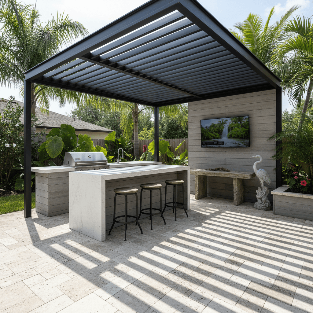 An outdoor kitchen with a white quartzite countertop, board-formed concrete base, and a black louvered pergola.