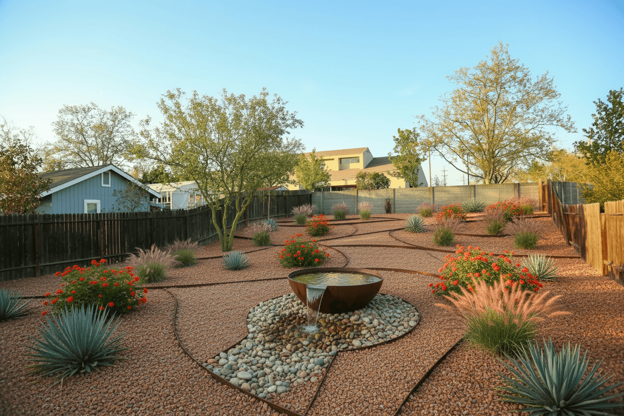 A xeriscape backyard with rust-toned crushed stone, corten steel edging, a corten steel water bowl, a palo verde tree, lantana, and pink muh