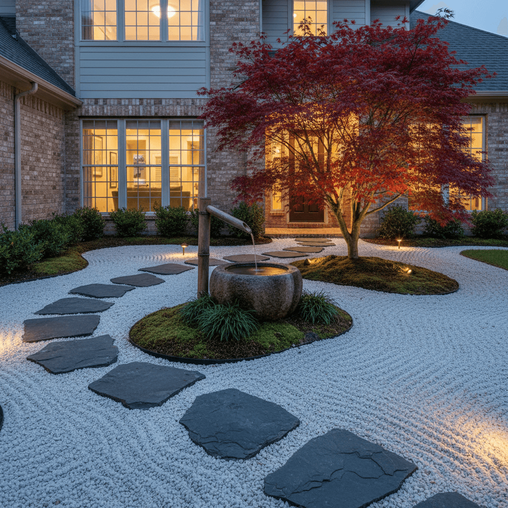 A Japanese-style garden with raked white gravel, dark stepping stones, a bamboo water spout, and a red Japanese maple.