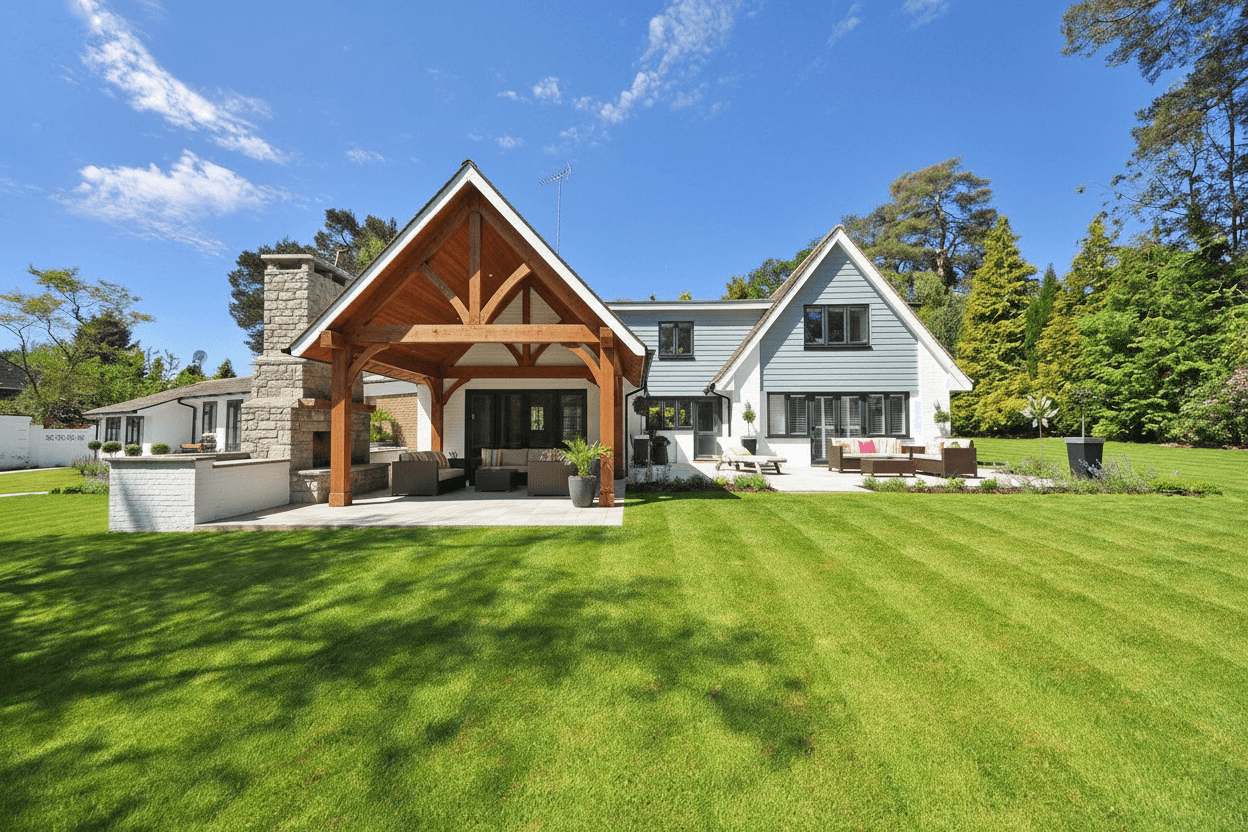 A covered patio with a gable roof, cedar ceiling, and stone fireplace, next to a house with light blue siding and a large lawn.