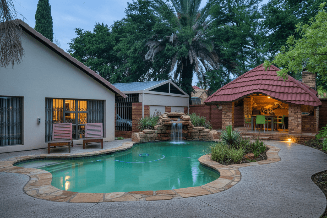 A freeform lagoon-style swimming pool with flagstone coping, a cool-gray concrete deck, and a natural rock waterfall.