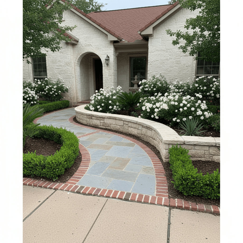 A bluestone walkway with a red brick border leads to a house with a low stone seat wall and white shrub roses.