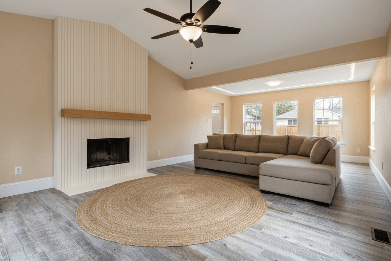 Living room with warm clay limewash walls, a beige sectional, a round jute rug, and a fireplace with a wooden mantel.
