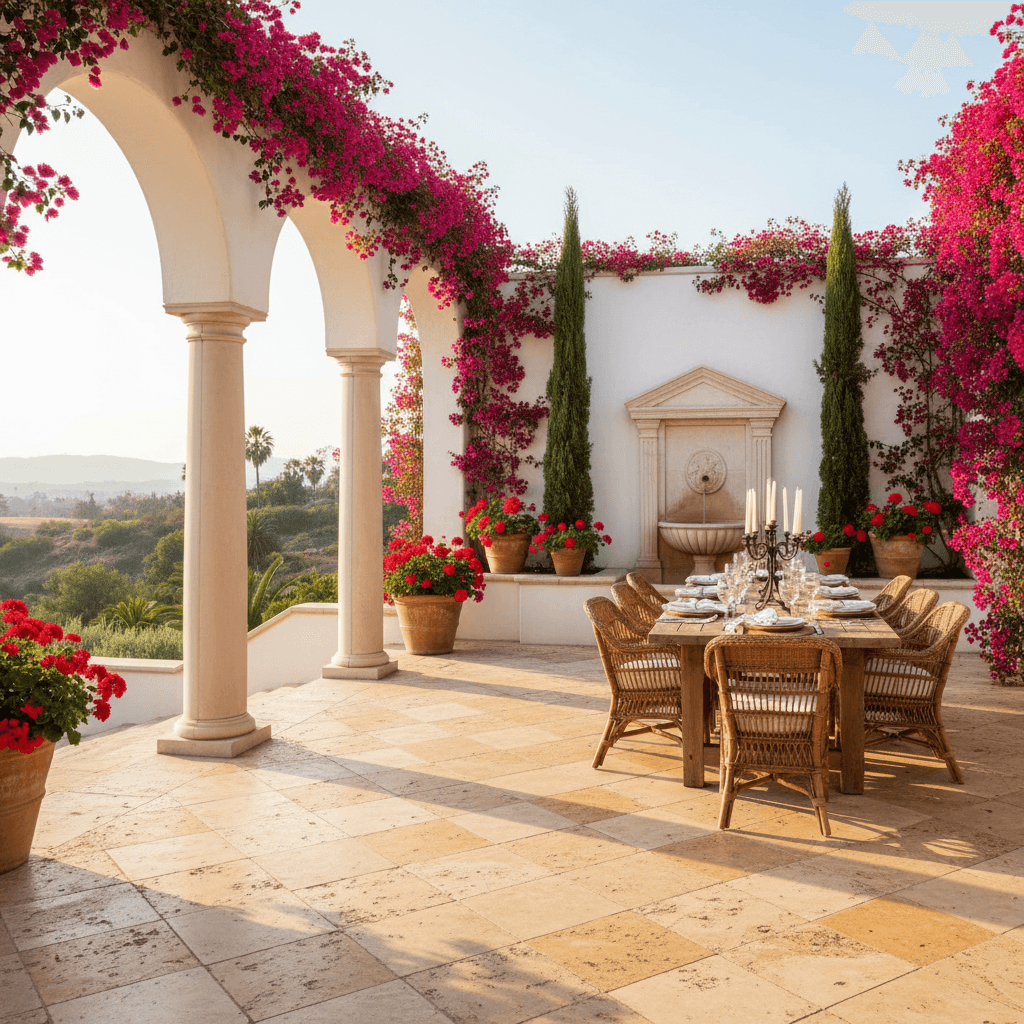 A Mediterranean dining terrace with tumbled travertine pavers, a whitewashed loggia, a carved limestone fountain, and bougainvillea.