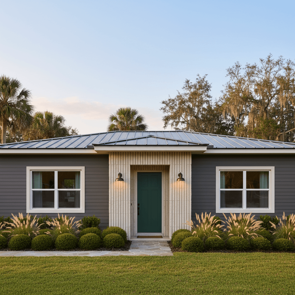 A modern house exterior with charcoal fiber-cement siding, a fluted stone entry surround, and a deep green front door.