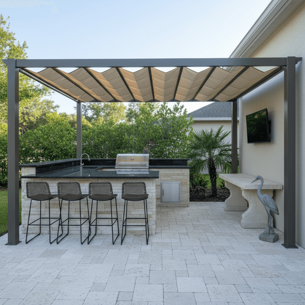 An outdoor kitchen with a black granite countertop, stacked limestone base, and a steel pergola with a sand-colored shade.