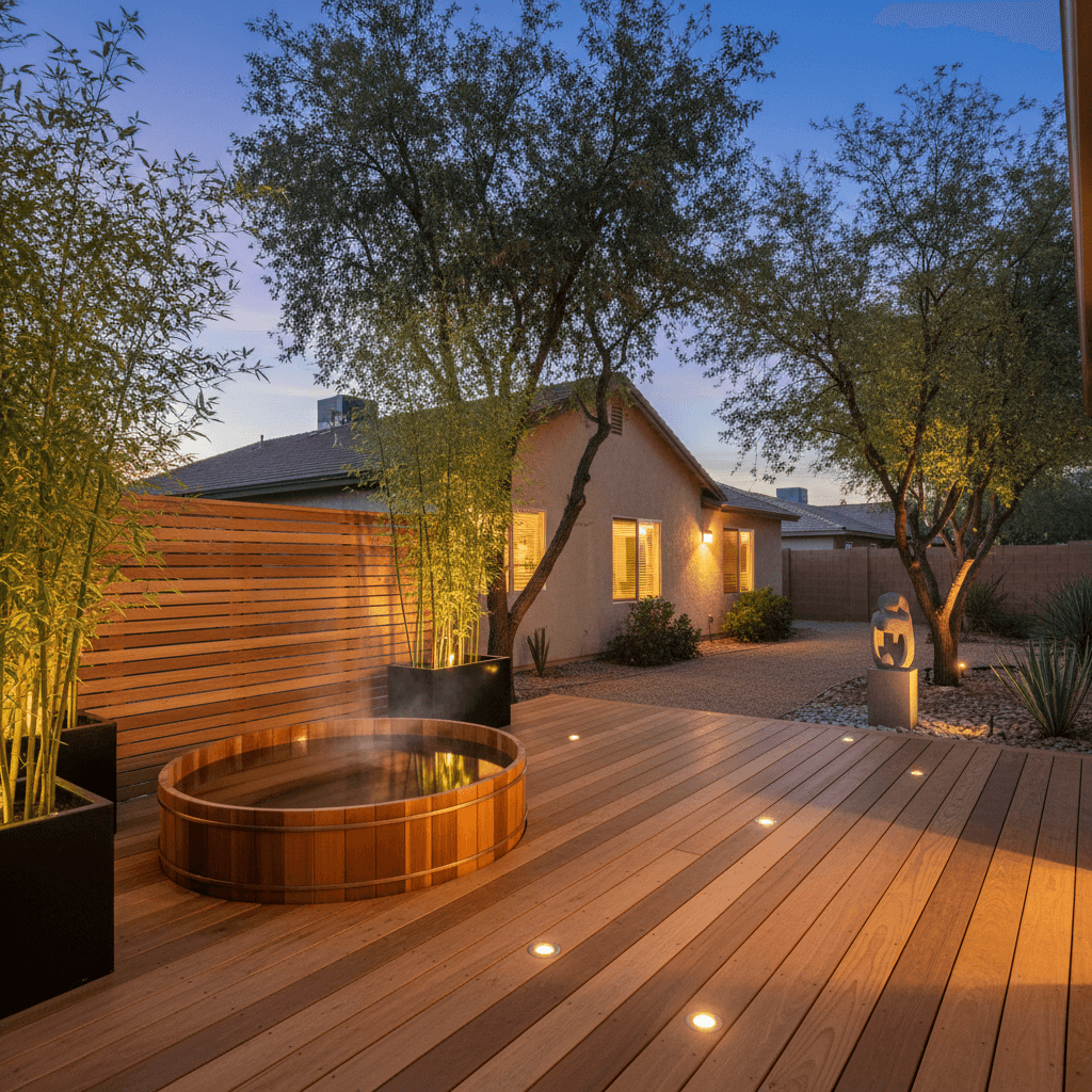 A cedar deck with a round cedar soaking tub, horizontal cedar slat privacy screen, and clumping bamboo in black planters.