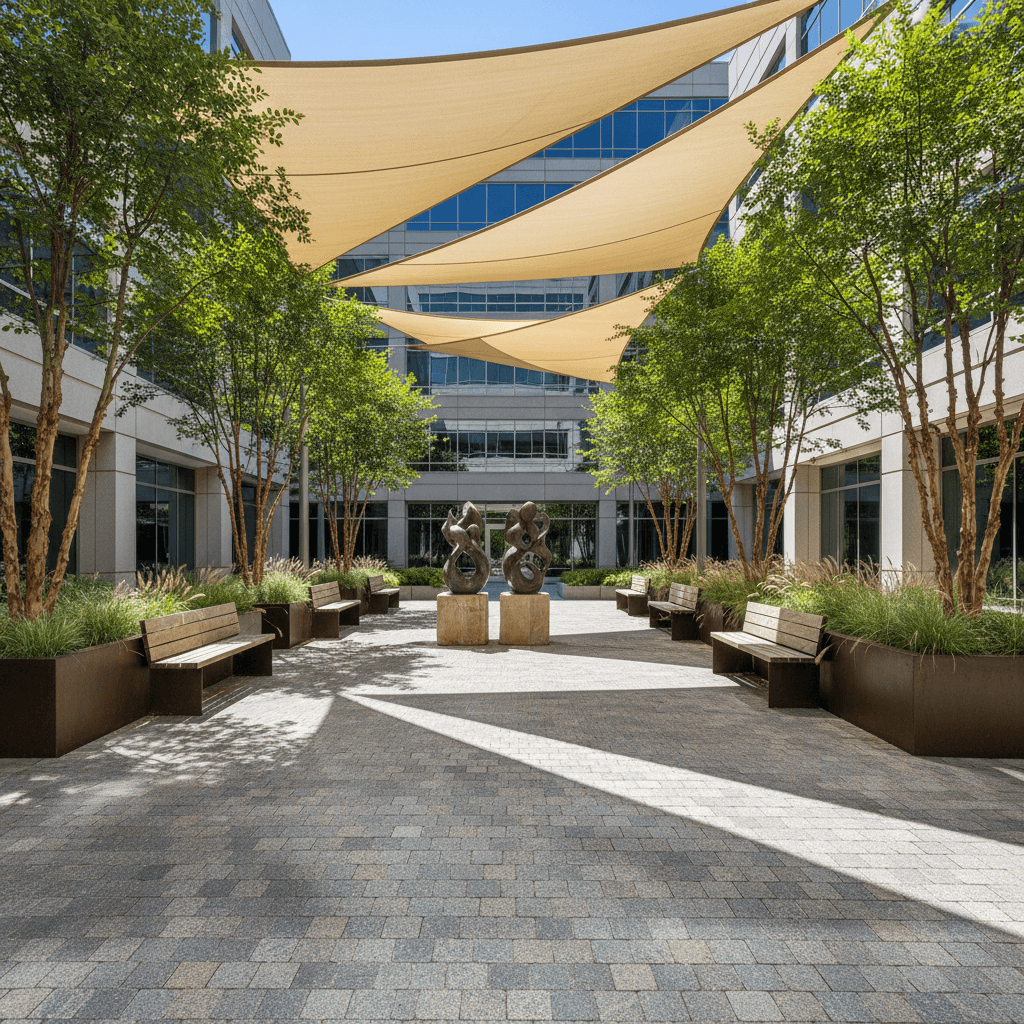 A commercial courtyard featuring sand-colored tensile shade sails, abstract bronze sculptures, and multi-trunk trees.