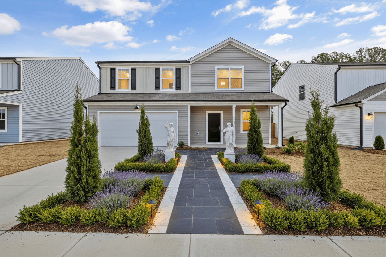A formal courtyard garden with a dark slate path, white marble border, marble statues, boxwood hedges, cypress, and lavender.