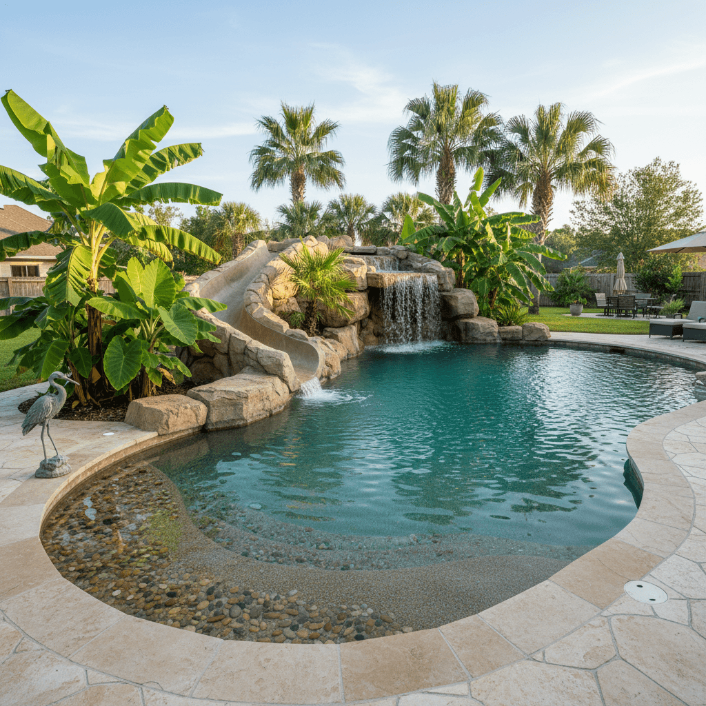 Freeform lagoon pool with a rock slide, waterfall, and beach entry, surrounded by tropical plants and tan flagstone coping.