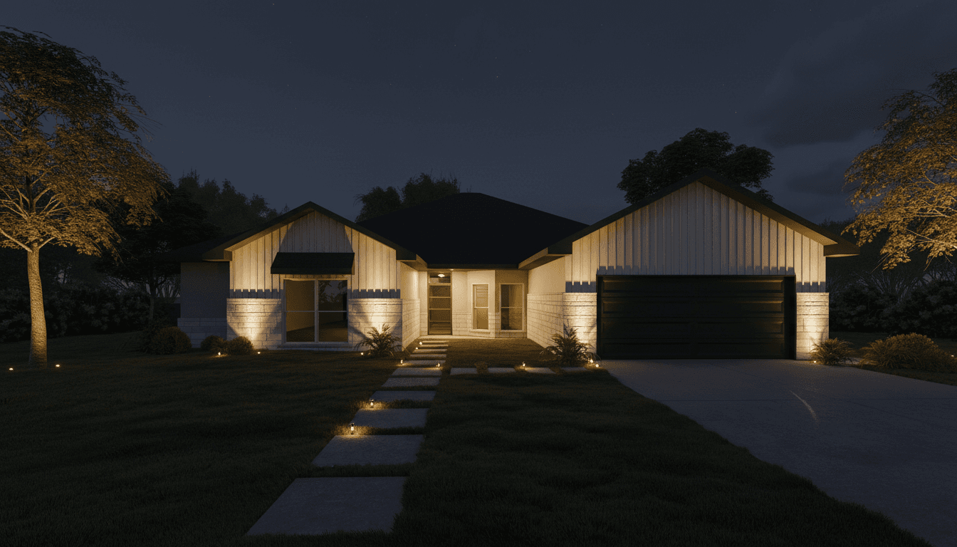 A modern home at night with warm uplights on tree canopies and soft wash lights on the facade, illuminating a stone path.