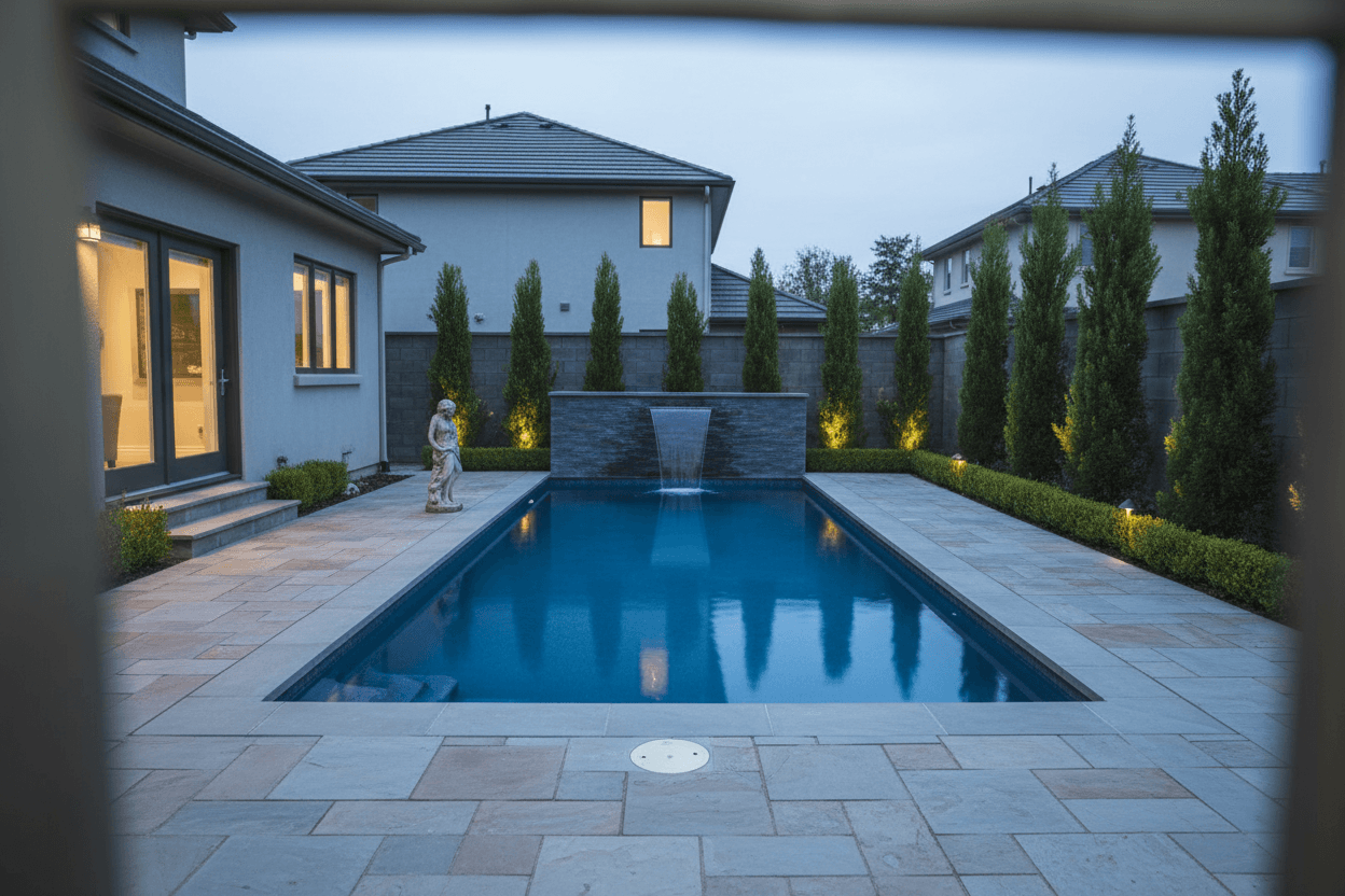 A rectangular swimming pool with a sheer descent waterfall, surrounded by a bluestone patio and Italian cypress trees.